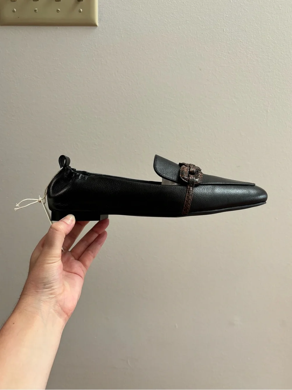 Sanctuary Black Slip on Loafers with Brown Buckles